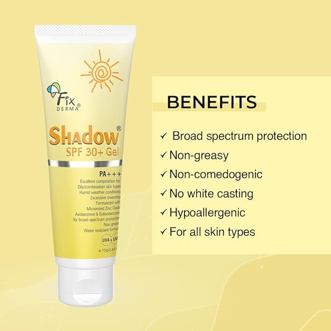 Grah Fixderma Shadow Sunscreen SPF 30+ Gel For Oily Skin - Acne Prone Offers PA+++ Protection Broad Spectrum UVA and UVB Protection Water Resistant and Non-Greasy 75g