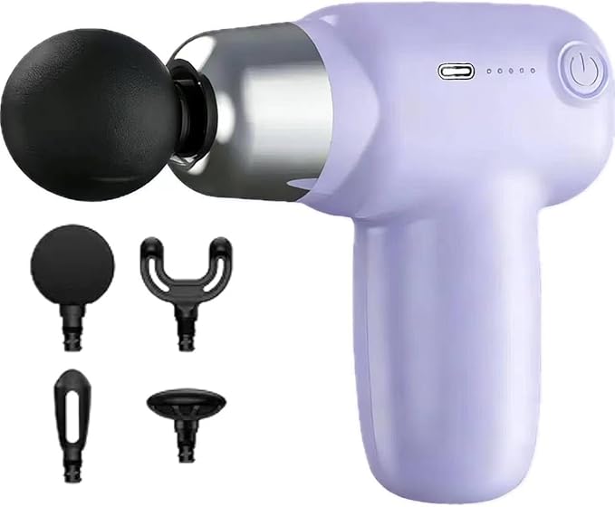 New mini Massage Gun high-Intensity deep Tissue Percussion Massager Suitable for Back Neck and Body Pain Electric Massager with 4 Massage Heads Pain Relief Gift for Men and Women. (Purple)