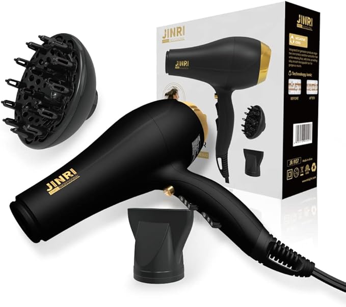 JINRI 2000W Hair Dryer with Negative Ion &amp Infrared - Black 3 Heat &amp 2 Speed Detachable Air Intake Concentrator/Diffuser Hanging Strap