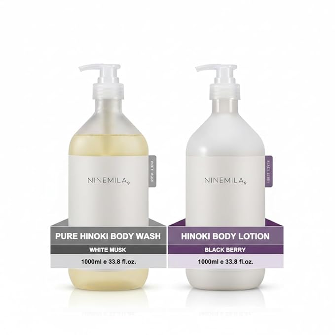 NINEMILA Pure Hinoki Body Care Set: 1000ml Vegan Body Wash (White Musk) &amp 1000ml Body Lotion (Blackberry) – Jeju Cypress Water (50000ppm) Hypoallergenic Spa Ritual for Sensitive Skin 2-Pack Bun