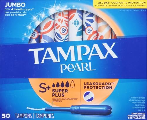 Tampax Pearl Tampons Super Plus Absorbency with Leakguard Braid Unscented 50 Count (Pack of 2)