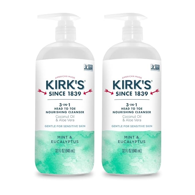 Kirk's 3-in-1 Head to Toe Nourishing Liquid Cleanser - for Men Women &amp Children - Premium Coconut Oil &amp Aloe Vera - Non GMO &amp Vegan - Mint and Eucalyptus - 32 Fl Oz. 2 pack