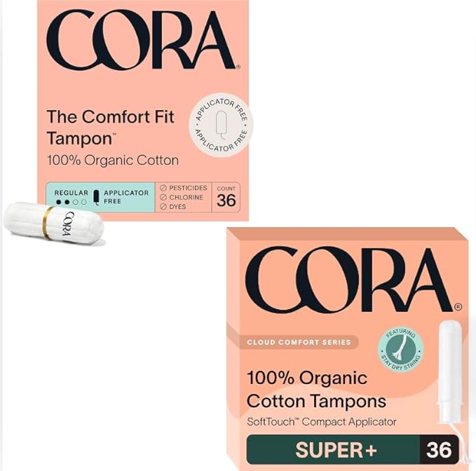 Cora Organic Cotton Tampons | Non-Applicator Ultra-Absorbent (36) &amp Applicator Super Plus Absorbency (36) | 100% Organic Cotton Unscented BPA-Free | Eco-Conscious | Total 72 Tampons