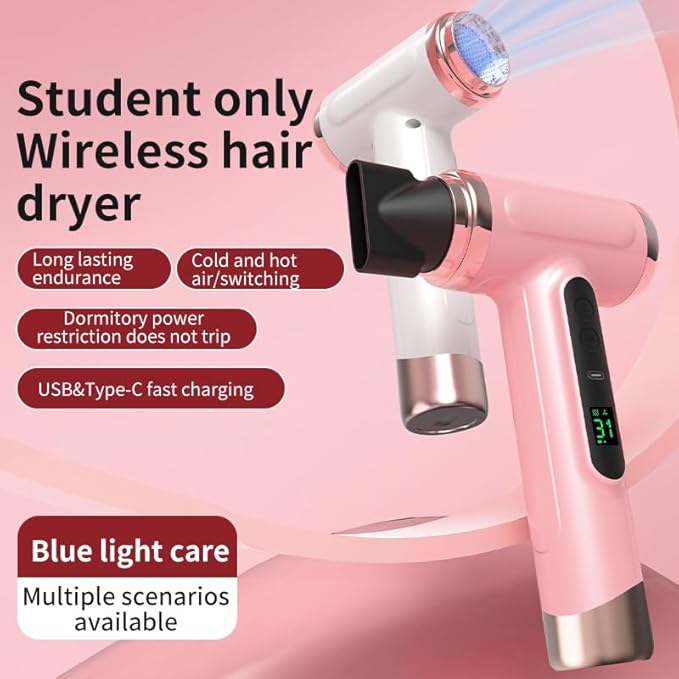 Cordless Pink Hair Dryer 15000mAh Rechargeable with USB Charging Cold &amp Hot Wind for Travel &amp Camping