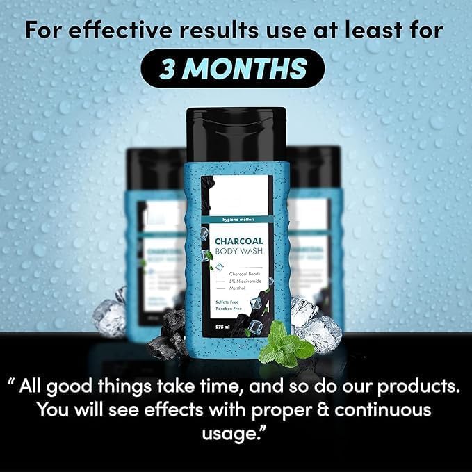 MI 3 in 1 Action Charcoal &amp Menthol Body Wash | With Menthol 5% Niacinamide &amp Activated Charcoal Beads | 250ml