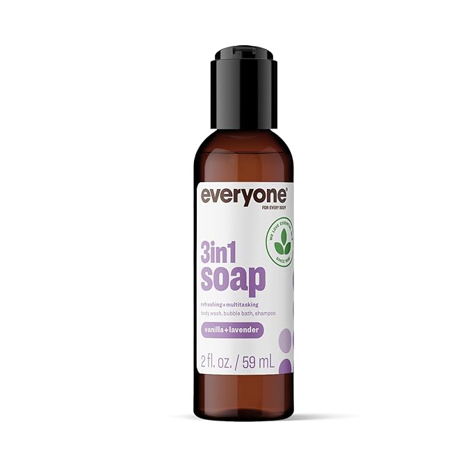 Everyone 3-in-1 Soap Body Wash Bubble Bath Shampoo Travel Size 2 Ounce (Pack of 12) Vanilla and Lavender made with Essential Oils for Men and Women