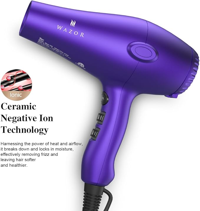 Powerful Hair Dryer- 1875W Professional Ionic Blow Dryer with 3 Attachments (Diffuser Nozzles Combs) 2 Speed 3 Heat Settings &amp Cool Shot Lightweight ALCI Safety Plug