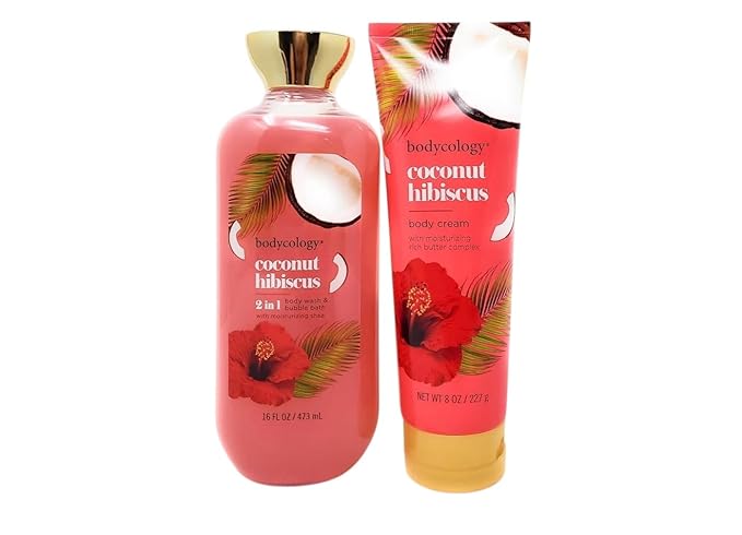 Coconut Hibiscus 2 in 1 Body Wash &amp Bubble Bath 16 fl oz &amp Coconut Hibiscus Butter Body Cream 8 oz (Pack of 2)
