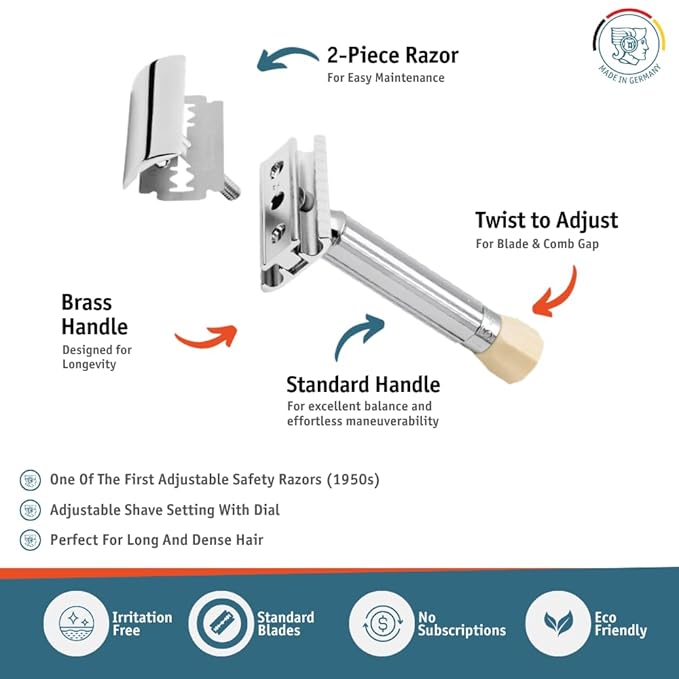MERKUR Progress 500 Adjustable Double Edge Safety Razor - Standard Handle Adjustable Razor With Dial Made in Germany Plastic-Free Closed Comb Straight Bar