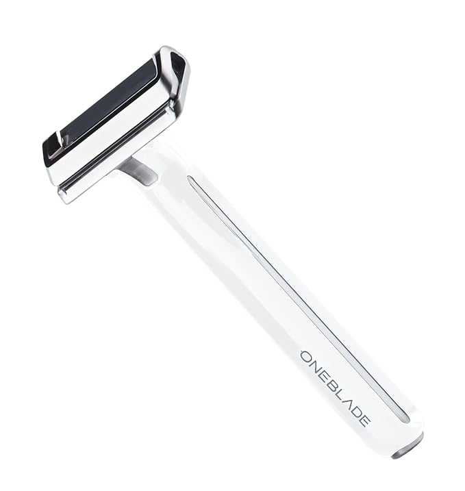 OneBlade Hybrid Safety Razor with Stand &amp 10 Premium Japanese Feather FHS Refill Blades - For All Skin Types - Single Blade Razor (White)