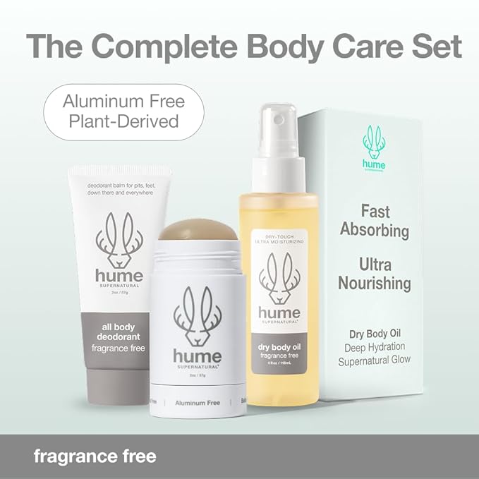 Hume Supernatural Fragrance Free Starter Set - Aluminum-Free Deodorant Stick Whole Body Balm &amp Dry Body Oil - Plant-Based Unscented Sensitive Skin - 3-Piece Set