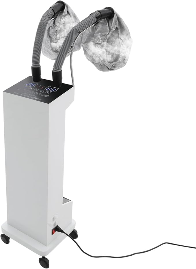 Hair Steamer 650W Vertical Hair Care Machine with LED Display &amp 2 Vaporizing Caps Micro Mist Hair Color Processor 5 Modes Adjustable Temperature &amp Timer Mobile on Wheels (White)