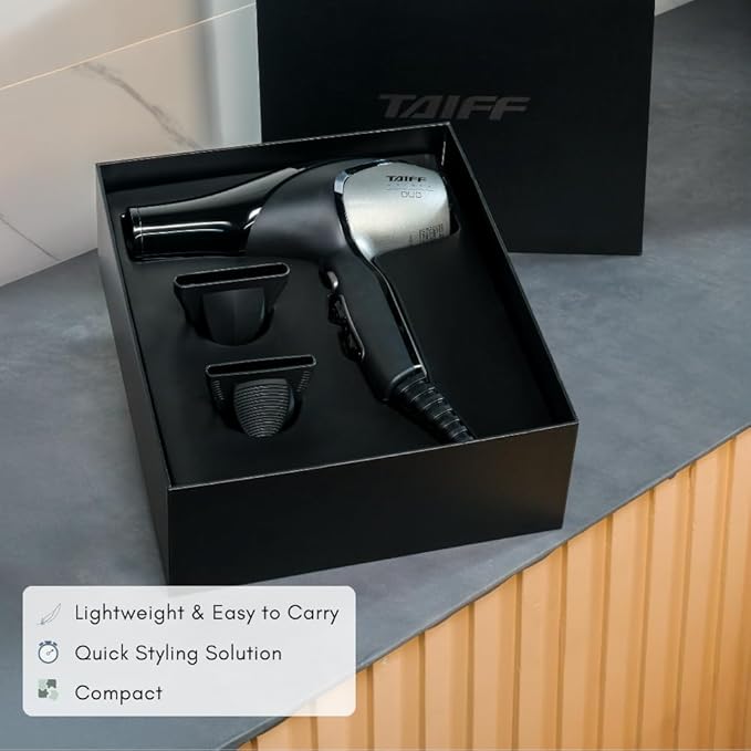 Taiff Unique Duo Professional Hair Dryer – 127V | 1875W Power | AC Motor | Tourmaline + Ionic &amp Ceramic Technology | Titanium Elements | 2 Concentrator Nozzles (Gray)