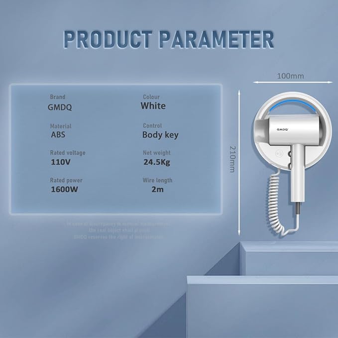 Hotel Wall Mount Hair Dryer for Bathroom with Night Light 110V Quiet Overheat Protection Negative Ion Technology