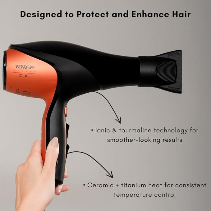 Taiff Unique Duo Professional Hair Dryer – 127V | 1875W Power | AC Motor | Tourmaline + Ionic &amp Ceramic Technology | Titanium Elements | 2 Concentrator Nozzles (Orange)