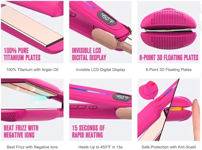 Professional Hair Straightener Titanium Flat Iron with LCD Display 8-Point 3D Floating Plates Fast Heating Pink 1.5 Inch Wide Plate