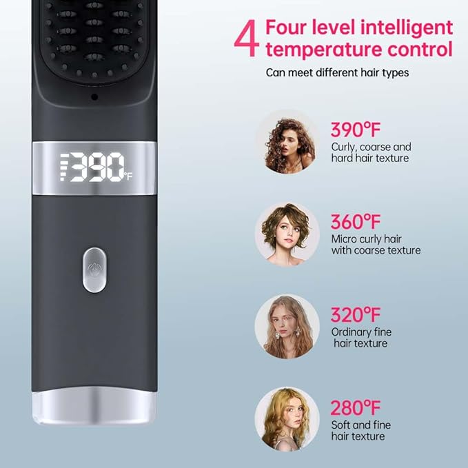 Cordless Hair Straightener Brush Portable on The go Comb for Travel USB chargingTwo Power sources30s Fast HeatingLCD Large Screen Display (Black) 1010