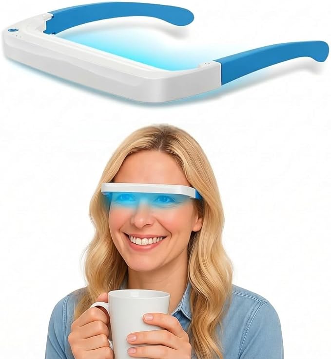 Light Therapy Glasses Blue-White UV-Free Light Therapy Lamp Portable Daylight Lamp Wearable Sunlight Lamp Boost Energy Relief for Sleep Problems Jet Lag Equivalent to 10000 Lux