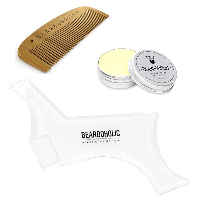 Beardoholic Beard Balm Comb and Shaping Tool Set – 100% All Natural 100% Pearwood – Anti-Static Eliminates Tangles and Ingrown Hairs Itch and Dandruff – Shape and Style Beard With Ease
