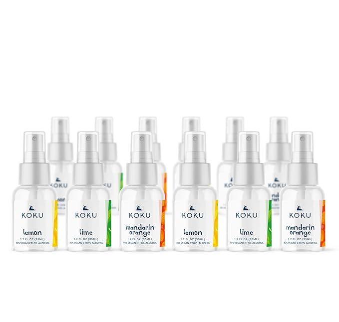 Koku Citrus Hand &amp Body Spray | Variety Pack | Twelve 1.2-Ounce Travel-Size Spray Bottles | 4 of each Scents | Lemon Lime &amp Mandarin Orange