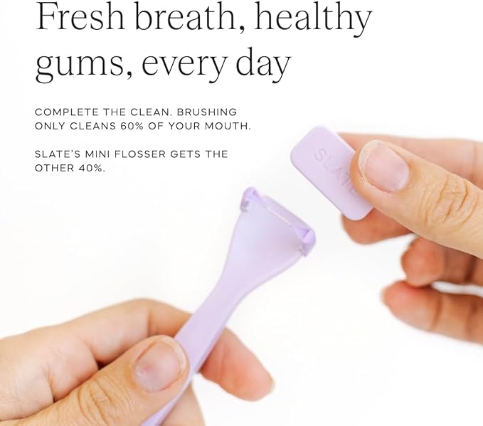 Slate Flosser Mini - Reusable Floss Pick with Gum Brush &amp Tongue Scraper Dentist-Invented PFAS/PTFE-Free Travel-Ready | Lilac Mini Flosser 2-Pack