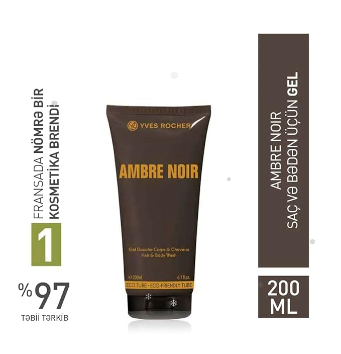 Yves Rocher Hair &amp Body Wash for Men Ambre Noir – Set of 2 Tubes Intense Dark Woods &amp Sensual Amber Fragrance Masculine Shower Gel 200 ml/6.7 fl.oz