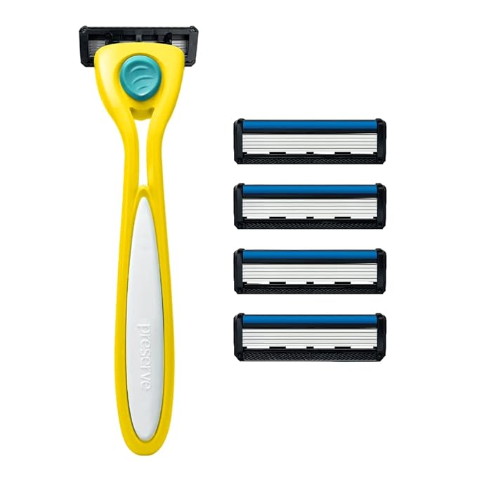 Preserve Shave 5 Five Blade Refillable Razor Made from Recycled Materials Sunshine Yellow and Preserve Five Blade Replacement Cartridges Wave Edition (4 Count) Bundle