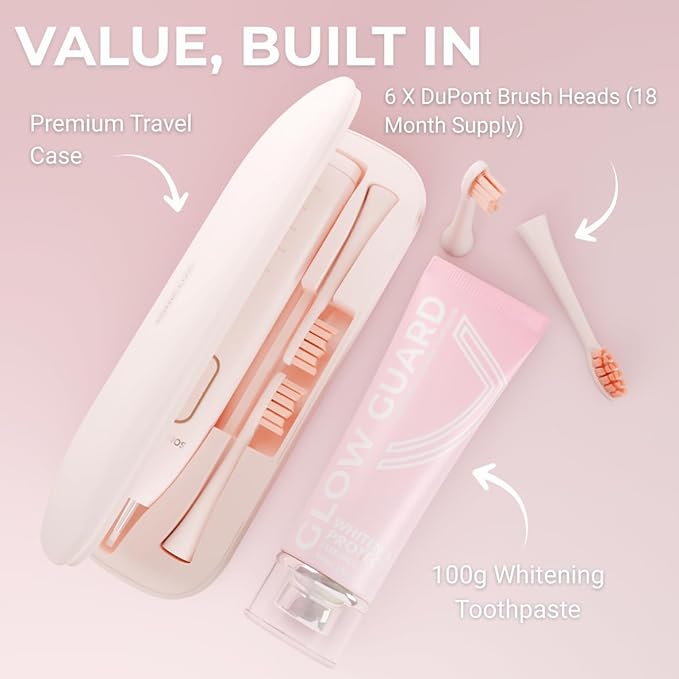 Sonic Lux™ Pink Electric Toothbrush for Adults – Luxury Rechargeable Sonic Electric Toothbrush with GlowGuard Nano-Hydroxyapatite Whitening Toothpaste &amp 6 Brush Heads