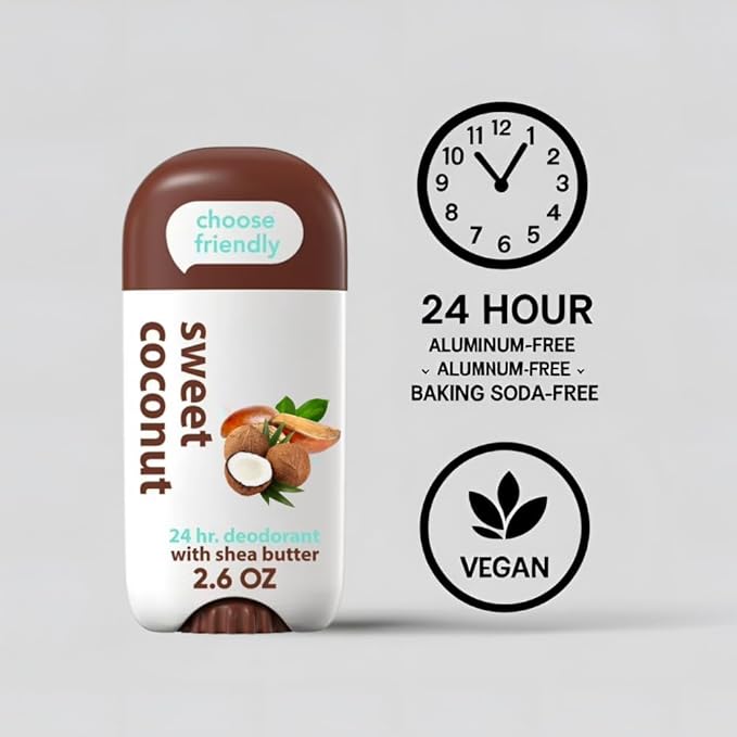 Aluminum~Free Deodorant Stick with Shea Butter – Coconut Scent 2.6 oz | Baking Soda Free 24-Hour Odor Protection Gentle on Skin For Women &amp Men Vegan &amp Cruelty-Free