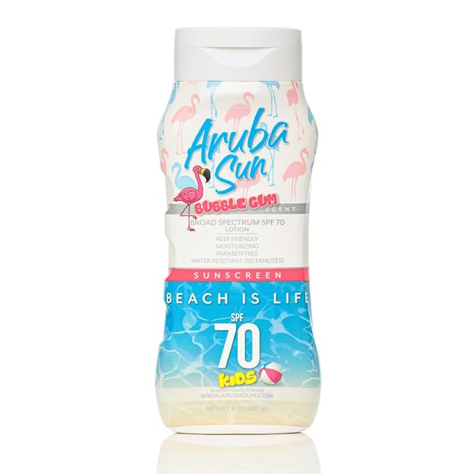 Kids SPF 70 Bubble Gum Sunscreen &amp SPF 70 Sunscreen Lotion Bundle | Reef Safe Water-Resistant Non-Greasy Broad Spectrum UVA/UVB Protection | Aruba Reef Act Compliant 8 oz Each