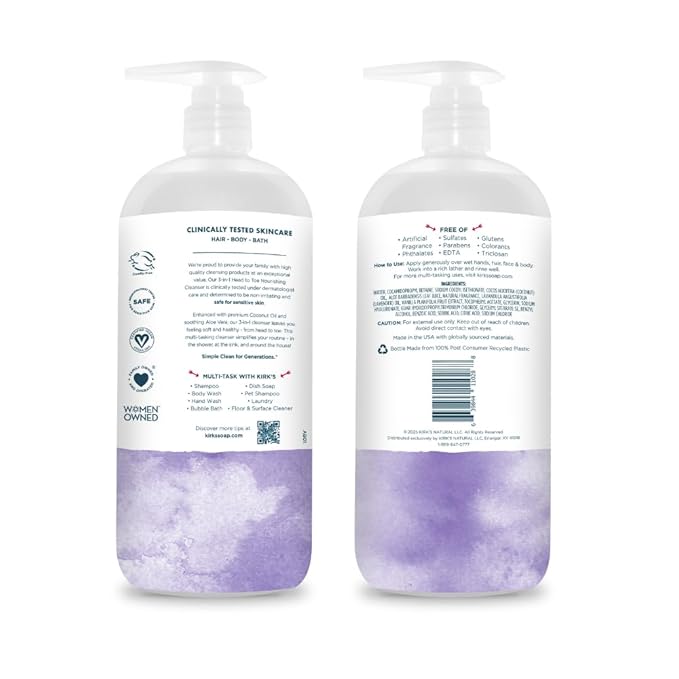 Kirk's 3-in-1 Head to Toe Nourishing Liquid Cleanser- for Men Women &amp Children - Premium Coconut Oil &amp Aloe Vera- Non GMO &amp Vegan - Lavender and Vanilla - 32 Fl Oz. - 2 Pack