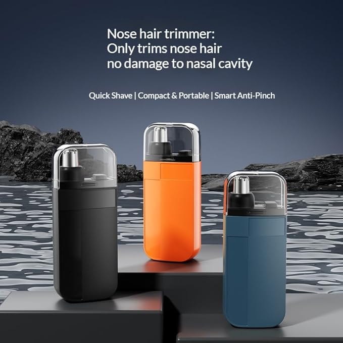 Multi-Function Electric Nose Hair Trimmer - 360° Rotating Blade + IPX7 Waterproof + Type-C Fast Charging | Ear &amp Nose Hair Trimmer for Men | Portable Grooming Kit (Black/Orange/Blue) (Blue)