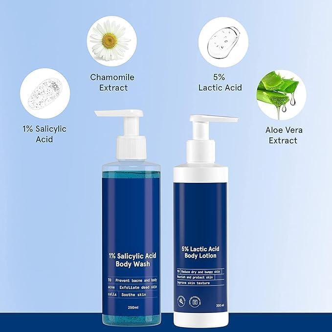 DS 1% Salicylic Acid Bodywash 375 mL with Loofah &amp 5% Lactic Acid Lotion 200 mL for Women | Helps to Prevent Body Acne Cleanses Skin &amp Nourishes Skin | Paraben and SLS Free