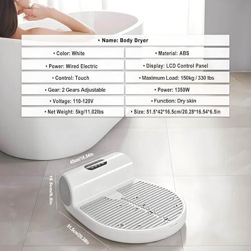 1350W Negative Ions Body Heater Blow Dryer - Waterproof IPX7 Foot Touch Screen Hair Dryer for After Shower Ideal for Bathrooms Hotels &amp Gyms No Scale Build-Up