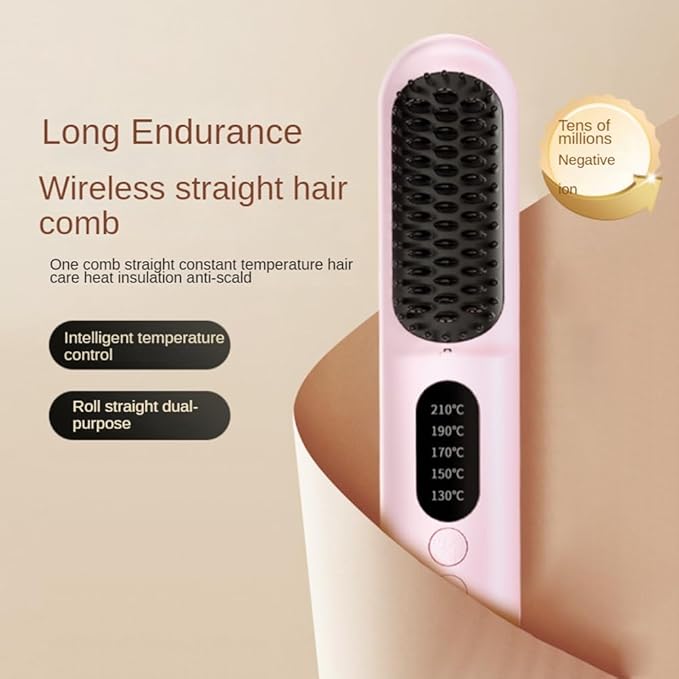 Wireless Hair Straightener Brush Fast Heated Straightener Brush Negative Ions Hair Curler Portable Heating Comb Easy to Use -Pink