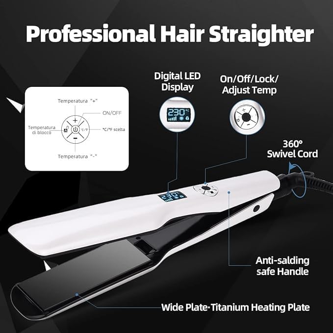 Hair Straighteners Wide Plates Tourmaline Ceramics Professional 1.8 inch Flat Iron with LCD Display 12 Speed Temperature Control Dual Voltage PTC Fast Heating Straighter