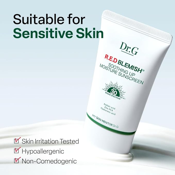 Dr. G R.E.D. Blemish Soothing Up Moisture Sunscreen - Korean Sunscreen with No White Cast - Broad Spectrum SPF for Sensitive Skin - Non-Greasy - With Hyaluronic &amp Azelaic Acid - 1.69 fl oz