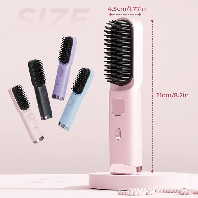 2026 New Go Brush for Short Hair Portable Hair Straightener Cordless Travel Straightening Hair Comb with 4 Temperature Settings Fast Heating Ceramic Brush for Home Use (Pink)