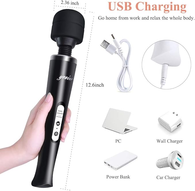 YEVIOR Cordless Personal Electric Massager Wand with 10 Powerful Pulse Settings Rechargeable Handheld Back Vibrating Massager for Deep Muscles Pain Relief (Black)