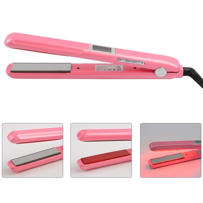 Professional Recovers Damaged Hair Tool with Ultrasonic Infrared Hair Care Iron Cold Flat Iron Hair Treament Styler LCD Display Infrared Hair Straightener Ceramic Flat Iron (Pink)