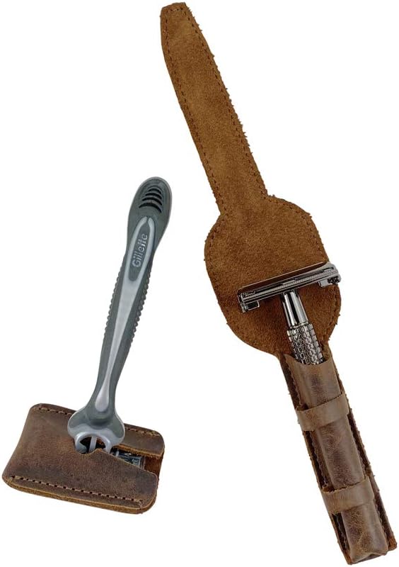 Hide &amp Drink Leather Safety Razor Case &amp Razor Head Protective Sheath - Shaving Travel Pouch - Handmade
