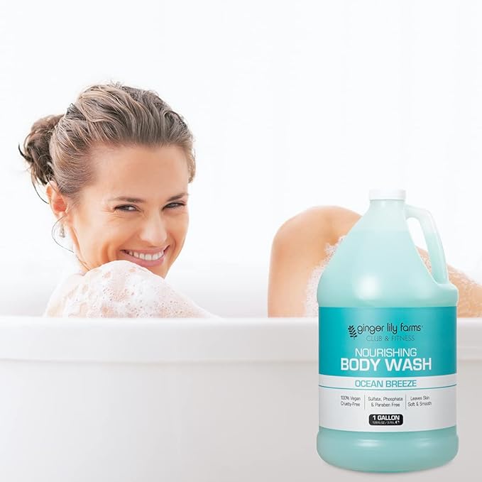 Ginger Lily Farms Club &amp Fitness Nourishing Body Wash 100% Vegan &amp Cruelty-Free Ocean Breeze Scent 1 Gallon Refill (Pack of 4)