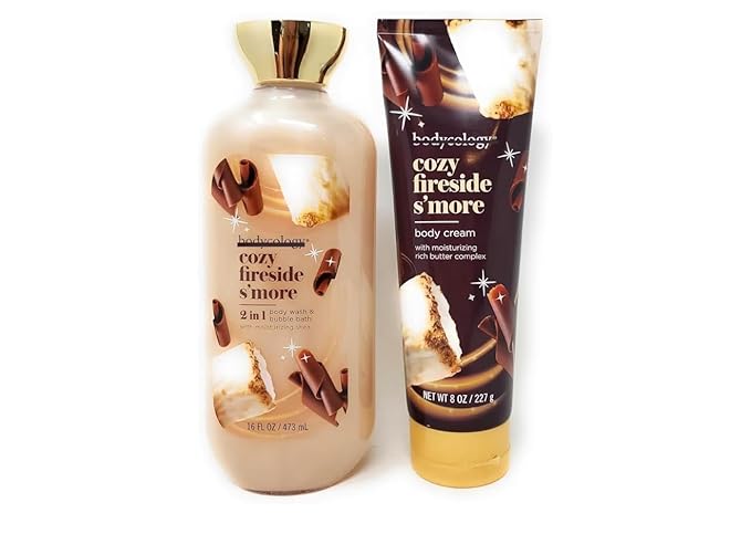 Cozy Fireside S'more 2 in 1 Body Wash &amp Bubble Bath 16 fl oz &amp Cozy Fireside S'more Butter Body Cream 8 oz (Pack of 2)