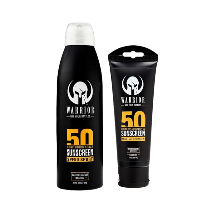 WARRIOR - WIN YOUR BATTLES - SPF 50 Sunscreen Lotion - 80 Minutes Water Resistant | SPF 50 Continuous Spray - Broad Spectrum Protection for UVA/UVB - Quick Dry Effective Formula | 3 Oz &amp 6 Oz