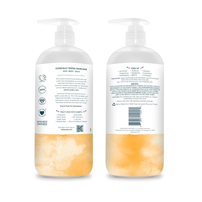 Kirk's 3-in-1 Head to Toe Nourishing Liquid Cleanser- for Men Women &amp Children - Premium Coconut Oil &amp Aloe Vera- Non GMO &amp Vegan - Citrus Twist - 32 Fl Oz. - 2 Pack
