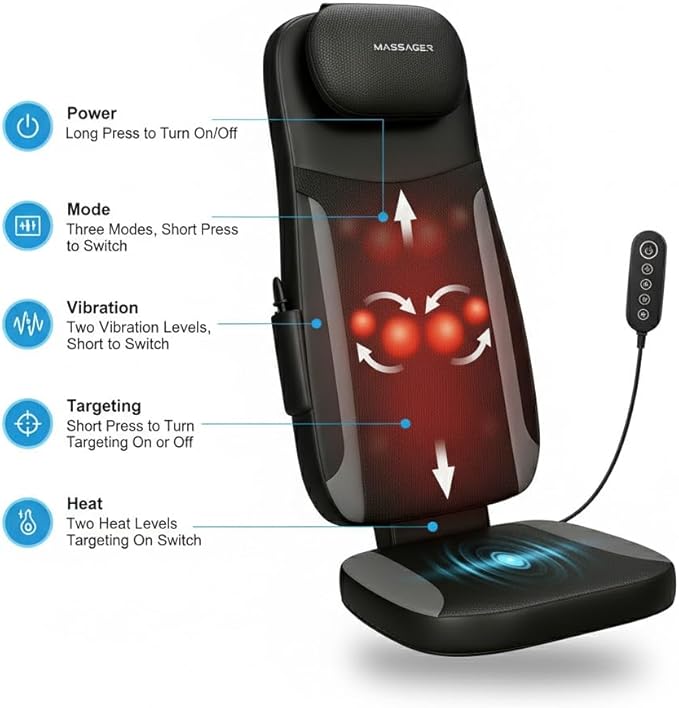 Back Massager with Heat for Office &amp Car Use 4D Shiatsu Technology Full Body Massage Chair Pad for Pain Relief Shiatsu Chair Massager for Recliner &amp Car Seat Adjustable Compression Auto S