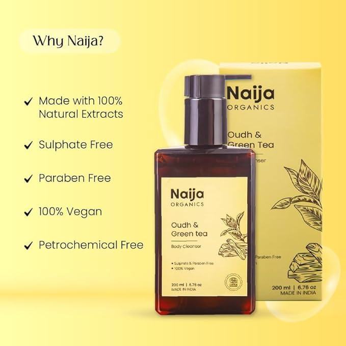 Naija Organics Deep Nourishing Body Wash | ECOCERT Certified organic Oudh &amp Green Tea Extracts shower Cleanser | Glycerin &amp Vitamin-E Hydrating bath Gel | 200ml