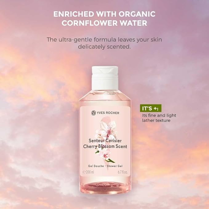 Yves Rocher Cherry Blossom Bloom Perfumed Shower Gel Nourishing &amp Moisturizing Body Wash – Set of 2 or Set of 3 Gift Kit 200 ml/6.7 fl.oz