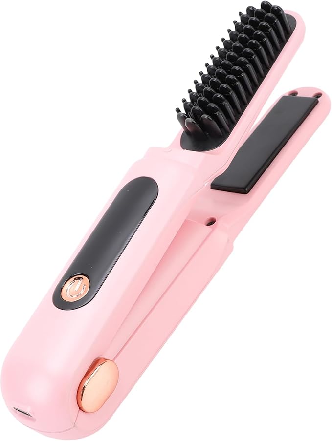 FILFEEL 60W Cordless Hair Straightener Brush 2 in 1 Straightening Comb and Curler with Digital Display 3500mAh Battery for Daily Hairstyles (Pink)