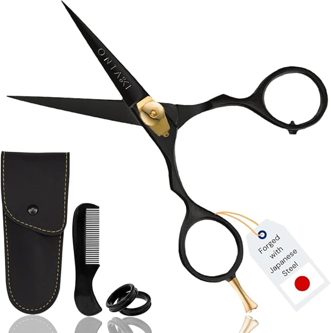 Ontaki Beard &amp Moustache Scissors for Men - 5.5 Japanese Steel Black - Precision Sharp Blades Ergonomic Finger Rest &amp Adjustable Tension Screw for Perfect Trimming - Beard Grooming Scissors
